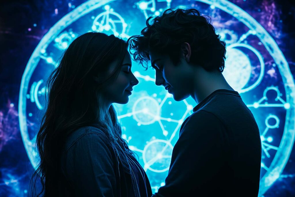Compatibilidad de signos en el amor: pareja bajo cielo con constelaciones del zodiaco